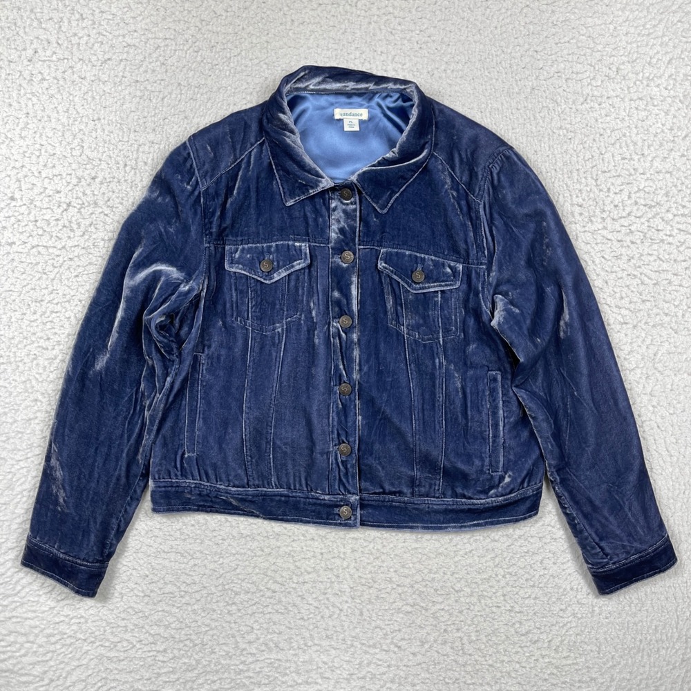 Sundance Jacket Womens PL Blue Silk Blend Velvet Trucker Boho Chic Luxury